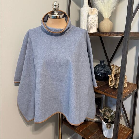 NWT Tuckernuck Women’s Leather Trim Funnel Piper Poncho One Size Slate Blue - Picture 2 of 12